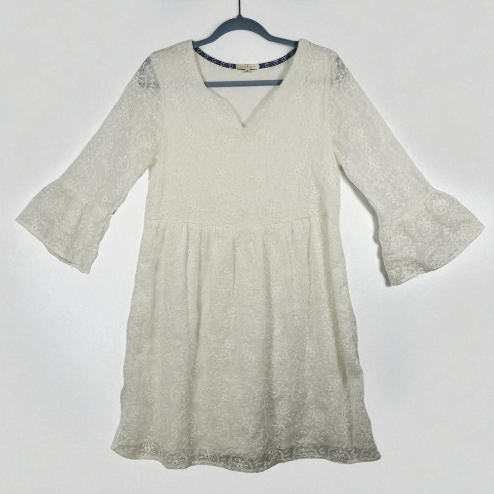 Kate & Sam Dress Womens Small White Eyelet Lace Floral Bell Sleeve‎ Mini Boho